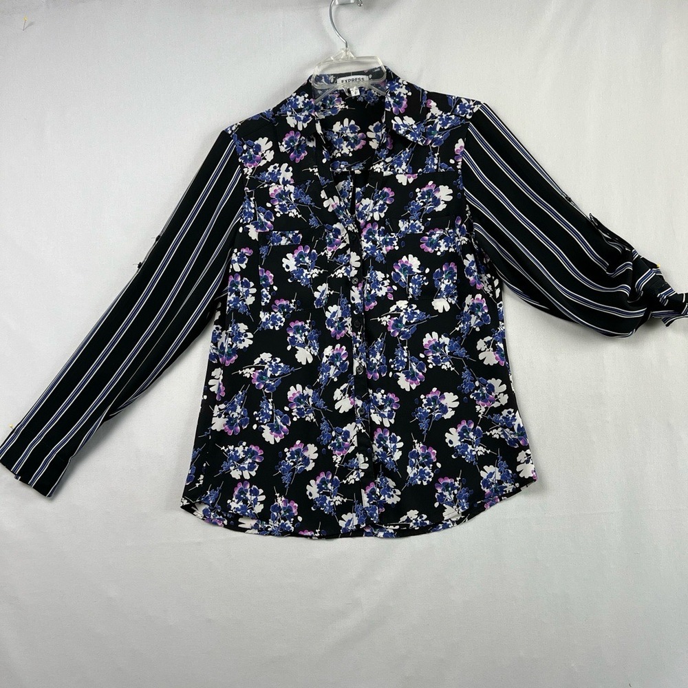 Express Portofino Blouse Womens Small Petite Floral Striped Button Up Shirt